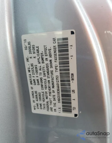 2010 Honda Accord Lx из США, поврежденный, VIN 1HGCS1B36AA012753